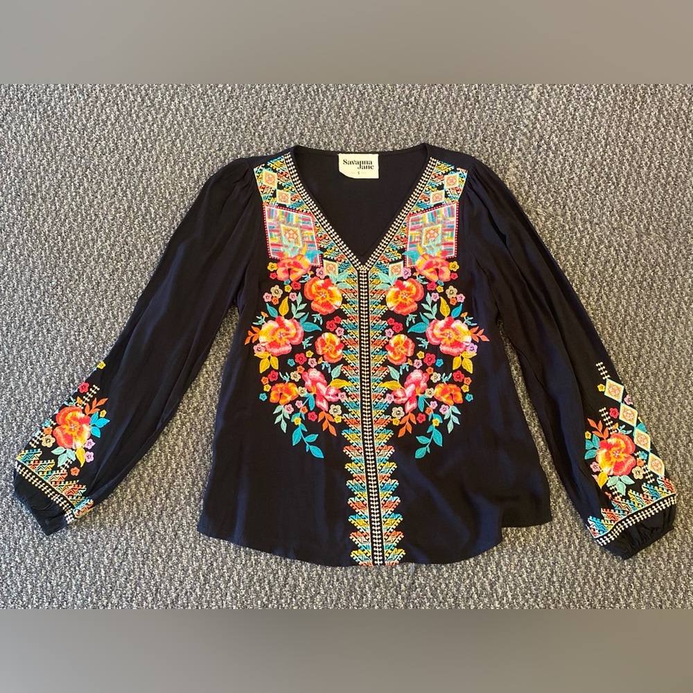 Savanna Jane Black Top with Colorful Embroidery